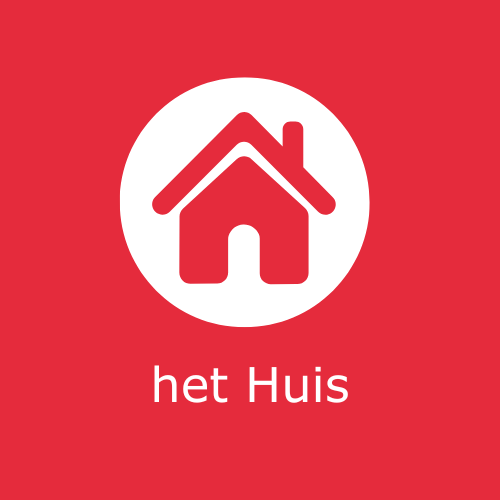 Een rood vierkant met daarin een wit huisicoon, dat het logo van het bedrijf weergeeft. Onder het icoon staat de naam "het Huis," samen met de beschrijving "Perspectiefgroep," wat aangeeft dat deze groep gericht is op het bieden van toekomstperspectieven voor jongeren binnen de organisatie.